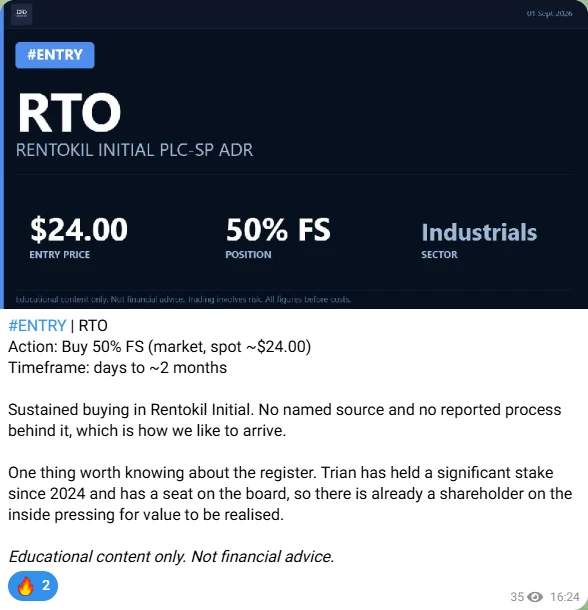 Telegram-bericht: Instap RTO, 1 september
